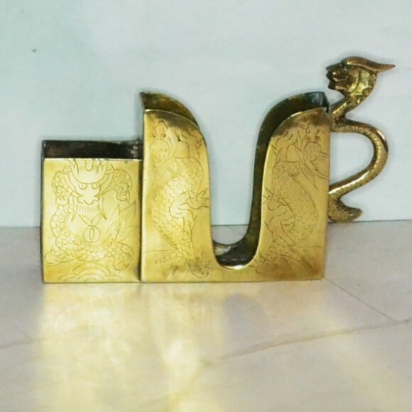 Vintage Brass Cigarette Pack And Lighter Holder Stamped China Desk Side Table - Picture 1 of 9